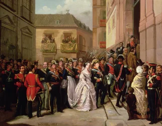 Isabella II. von Spanien (1830-1904) und ihr Ehemann Francisco de Assisi besuchen die Kirche Santa Maria